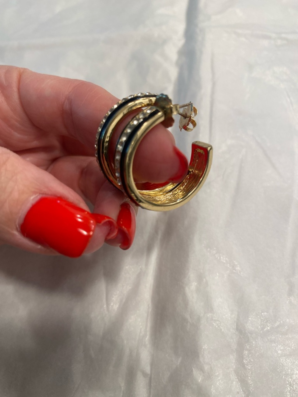 Gold Navy Enamel Rhinestone Hoop Earrings Medium - Picture 10 of 12